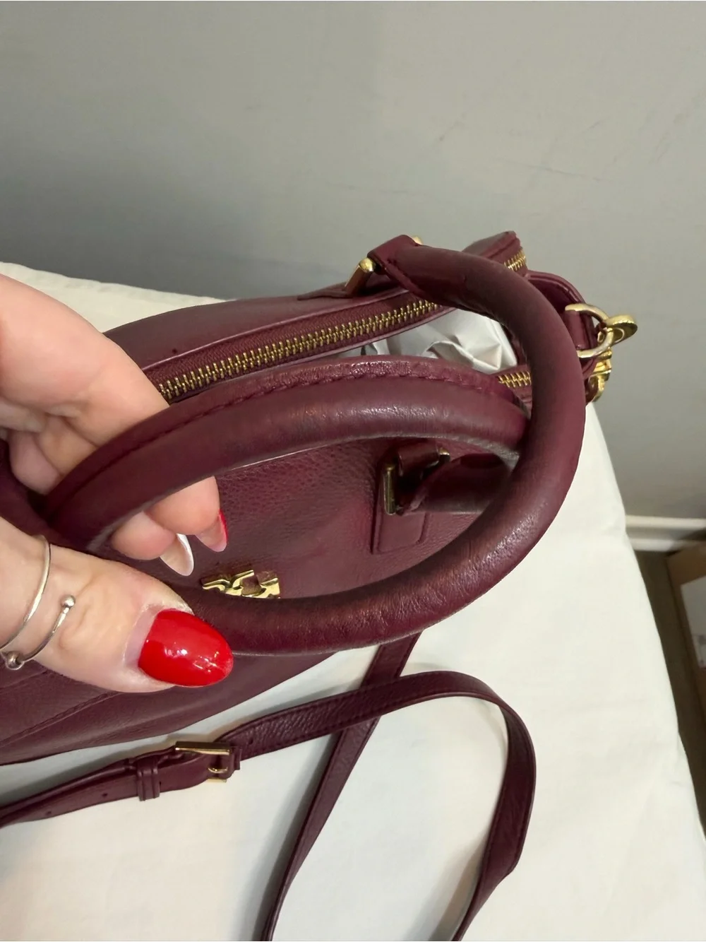 Tory Burch burgundy red Mercer Double Zip Dome Pebbled Leather Satchel/Crossbody
